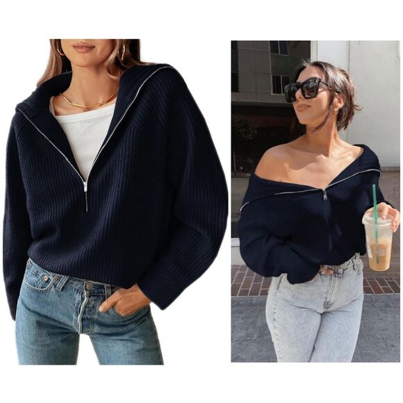 BTFBM Women's S Navy Blue Ribbed Slouchy Half-Zip Pullover Long Sleeve Sweater - Picture 1 of 16
